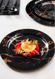 بشقاب یکبارمصرف اماس مدل ماربل مشکی